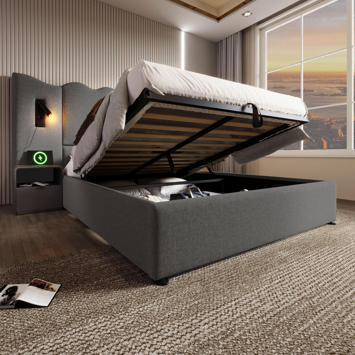 BETT mit Stauraum, Leselampe und Matratze 160x200 cm Leinen Grau - Grau, Metall (160/200cm) - Beauniv