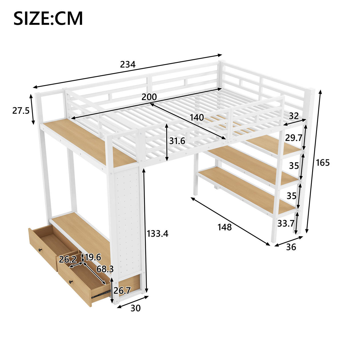 HOCHBETT 140/200 cm mit offenem Kleiderschrank, Regalfächern, Lochwand und LED-Beleuchtung, Weiß - Weiß, Holzwerkstoff (140/200cm) - Redom
