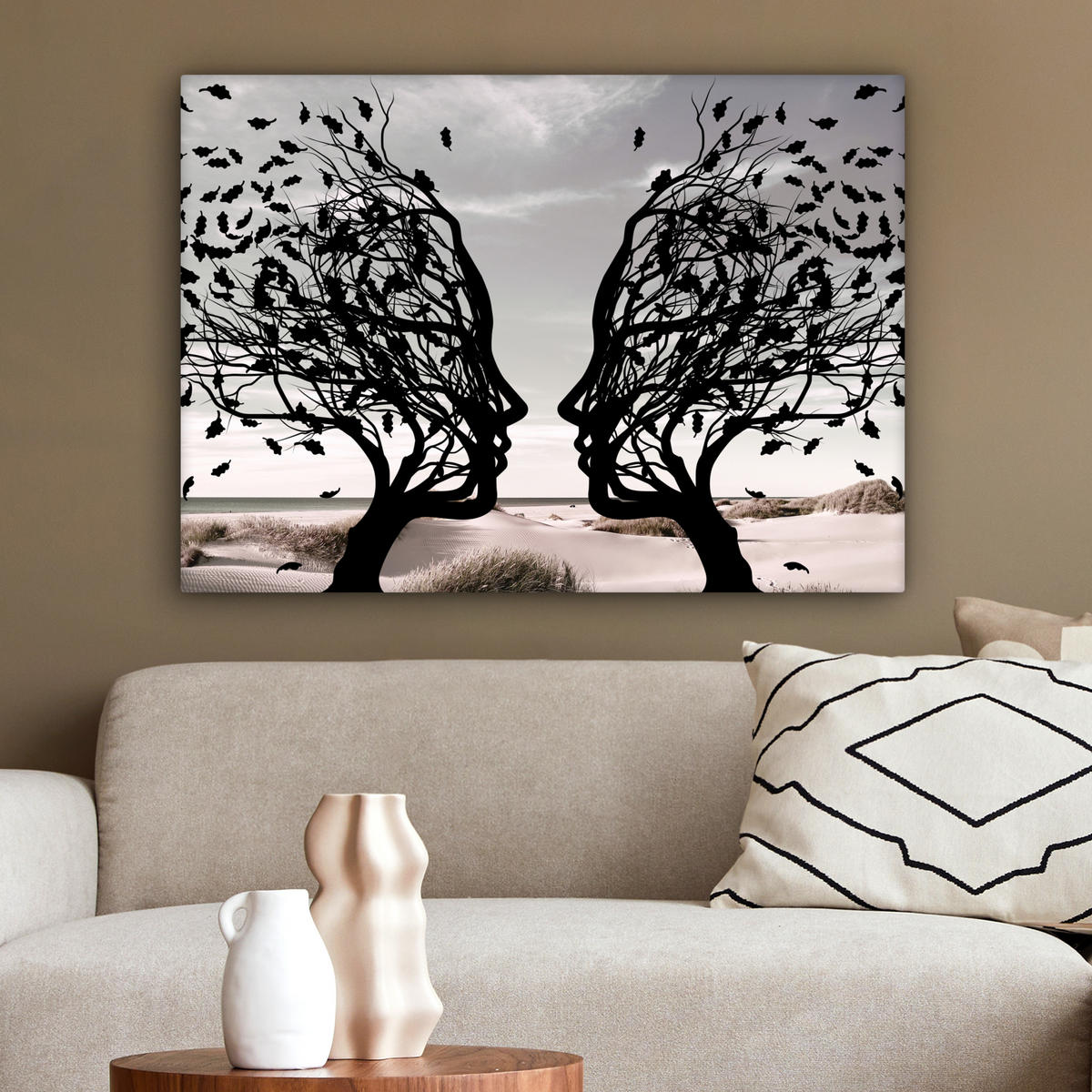 LEINWANDBILD Strand - Meer - Menschen - Baum - Moderne Kunst Wandbilder 80x60 cm - Hellgrau, Textil (80/60cm) - MuchoWow