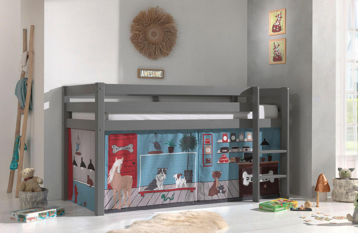 KINDERBETT Karolina 210x114x106 Massivholz Grau Textilset Pet Shop - Blaugrau/Grau, Holz (90/200cm) - 58aufmkessel