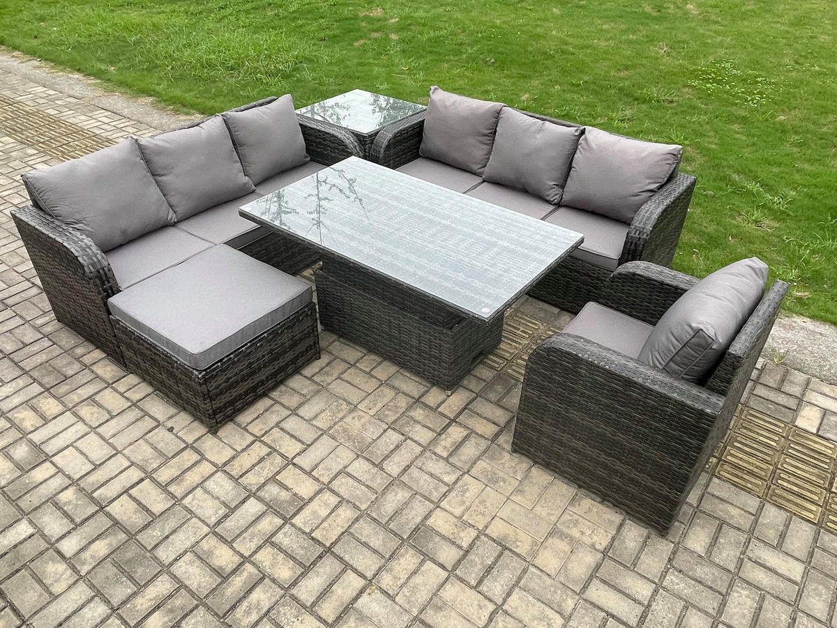 GARTENMÖBELSET mit Beistelltisch Höhenverstellbarer Esstisch 8-Sitzer Grau - Dunkelgrau/Grau, Glas/Kunststoff - Fimous