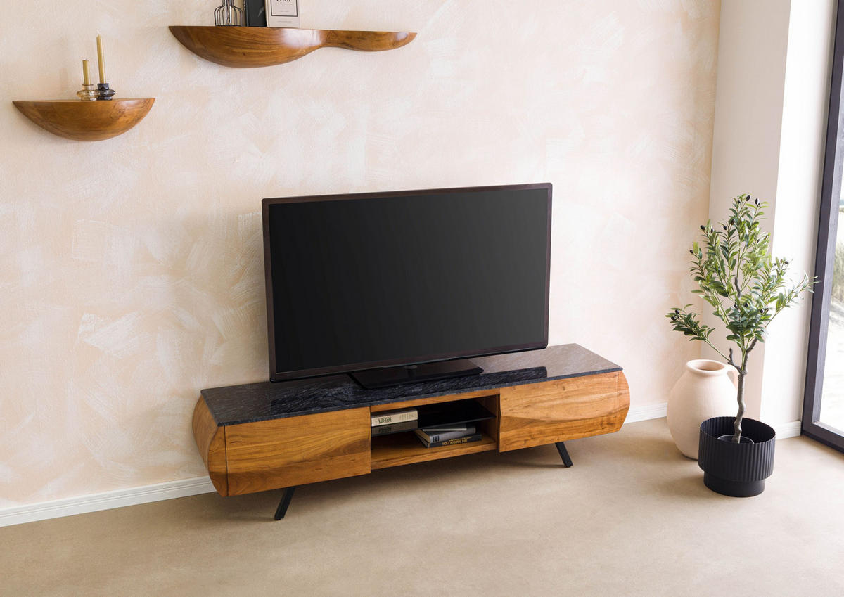 TV-BOARD Akazie 184x40x45 natur lackiert / Marmor schwarz MONTREAL #121 - Naturfarben, Holz (184/45/40cm) - Massivmoebel24