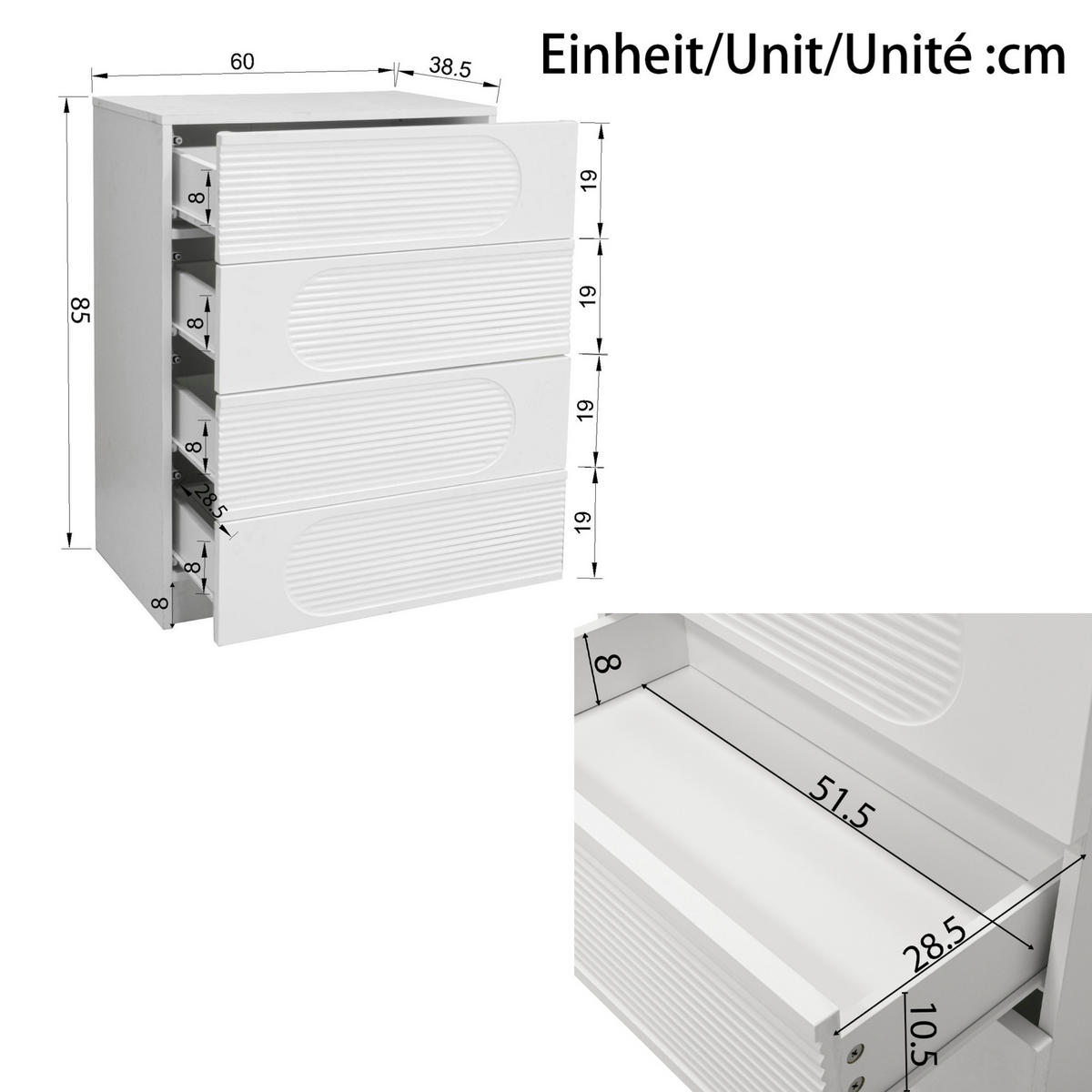 KOMMODE aus MDF und Spanplatte 60x38,5x85 cm Weiß mit 4 Schubladen und Vollauszug, kompakt und vielseitig - Weiß, Holzwerkstoff (60/85/38.5cm) - Modfu