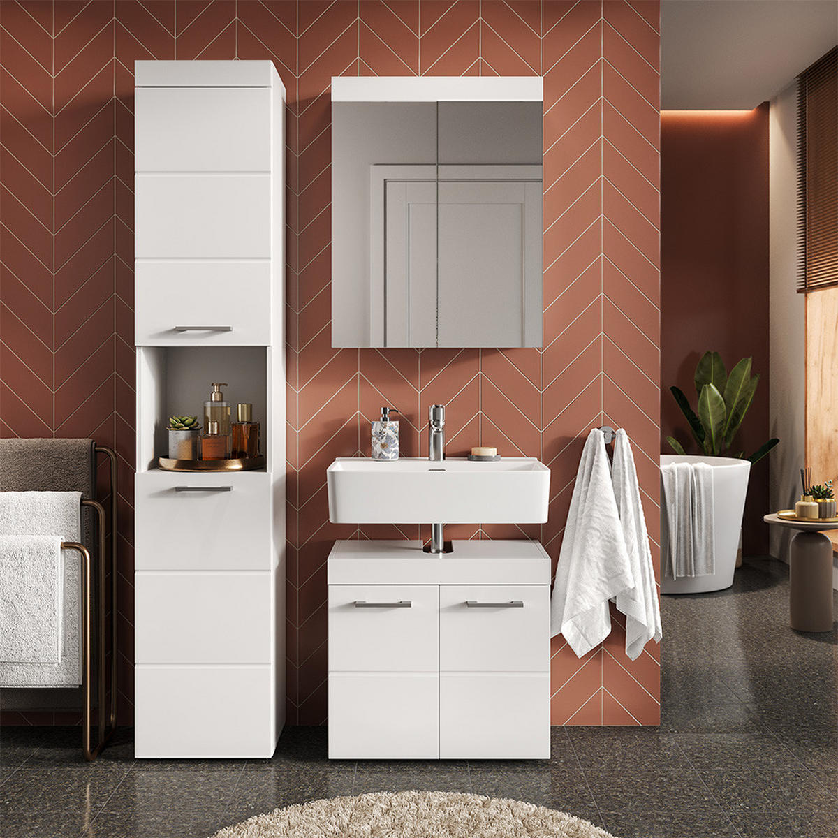 BADMÖBEL-SET Luna Weiß 3 Teile, mit Hochschrank - Weiß, Holzwerkstoff (60/56/34cm) - Vicco