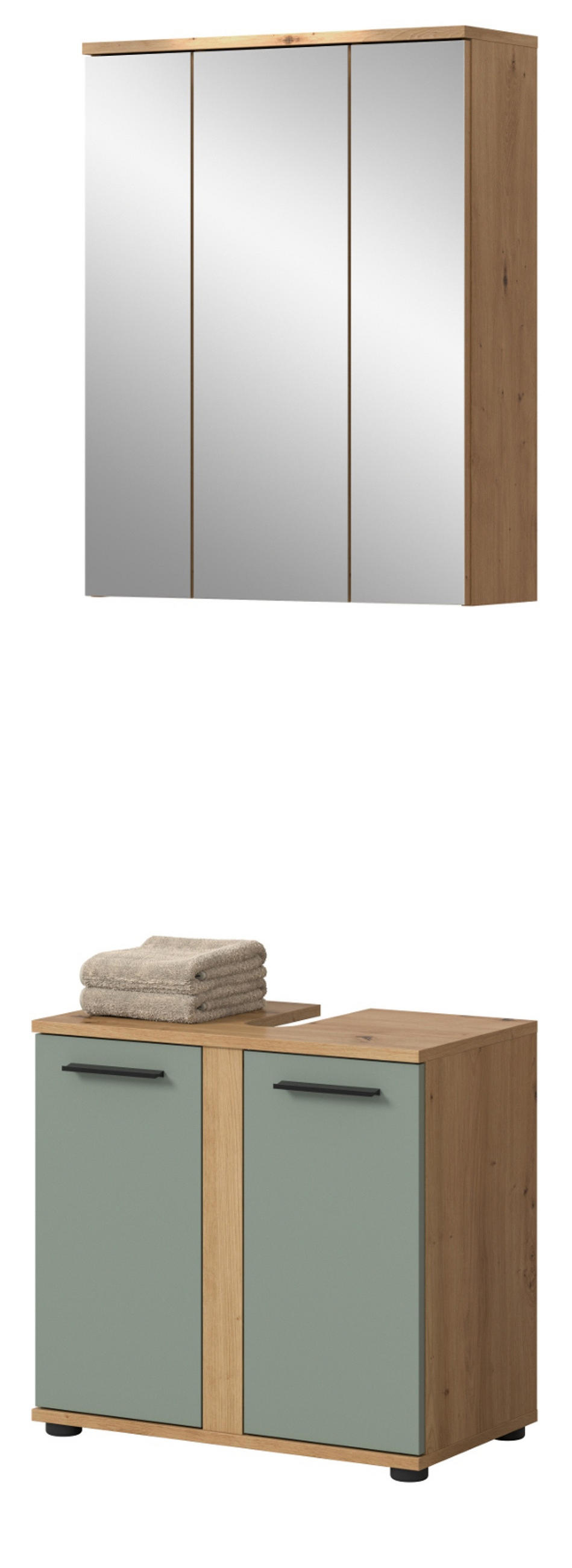 BADMÖBEL-SET Salbei grün, Eiche Artisan 60 cm 2-teilig, Badezimmerschränke in modernem Stil - Salbeigrün/Schwarz, Glas/Holzwerkstoff (60/191/34cm) - Inn.Furn