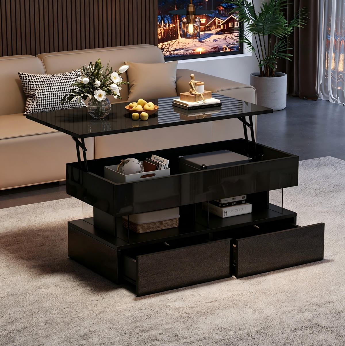 COUCHTISCH aus MDF 100x50x46 cm Schwarz mit Hubfunktion, LED-Beleuchtung und 2 Schubladen - Schwarz, Holzwerkstoff (100/50/46cm) - IVMEU