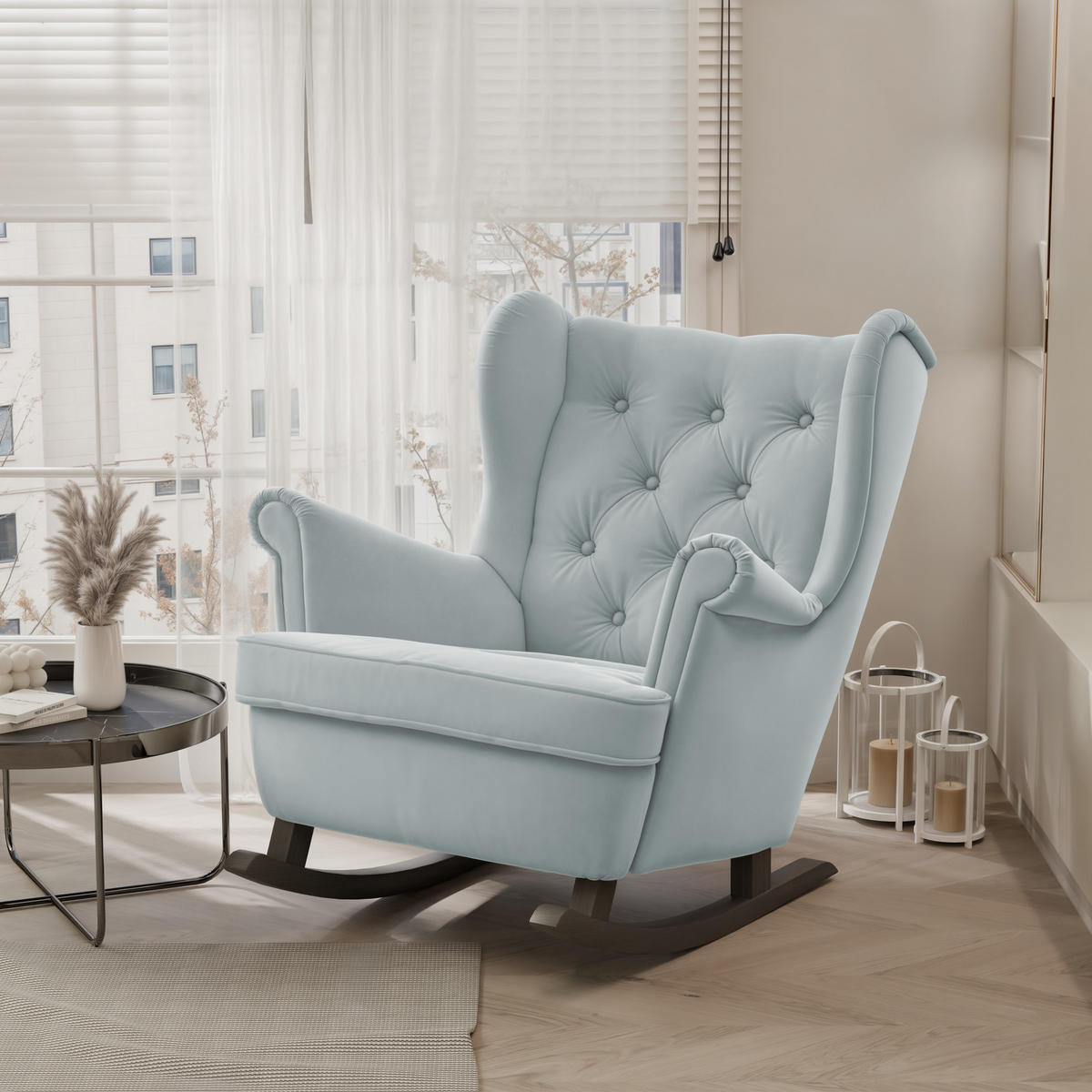 SCHAUKELSESSEL SCANDI Holzfüße, Samt Marineblau - Dunkelblau, Holz/Textil (75/97/60cm) - Idohome