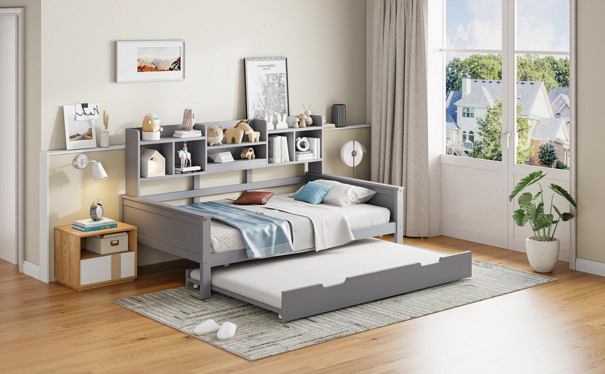 BETT 90/200 cm Grau aus Kiefernholz mit Bett und Stauraum - Grau, Holz (90/200cm) - OKMYHOME