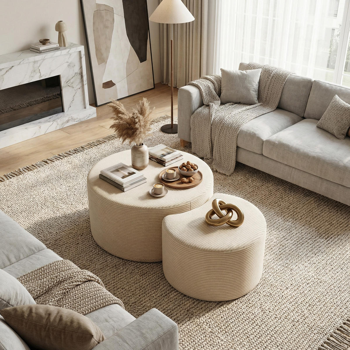 COUCHTISCH 2er Set Rund Gepolsterter Montagefrei - Beige, Textil (81/81/40cm) - Urban Meuble