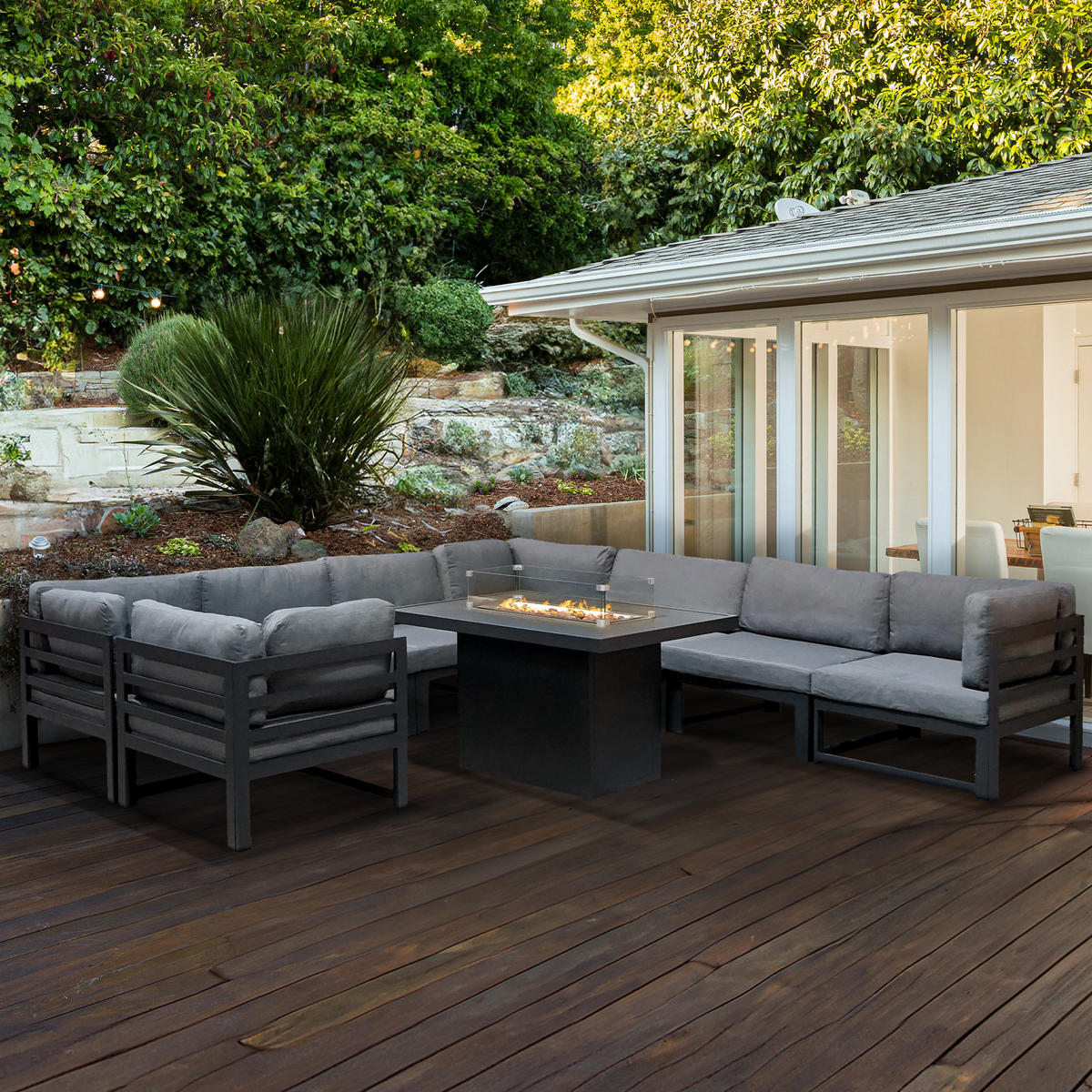 MODULARES GARTENLOUNGE-SET mit integrierter Feuerstelle - Grau, Metall - Monstershop