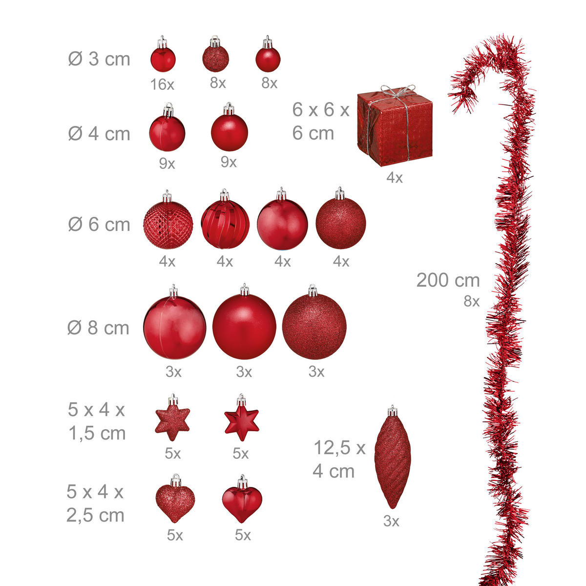 WEIHNACHTSKUGELN-SET 110-tlg. - Rot, Kunststoff (8/9/8cm) - Relaxdays