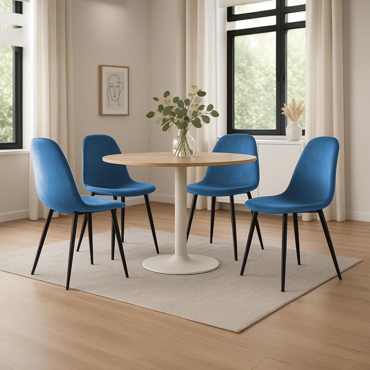 STUHL 4er Set Samt Blau - Blau/Schwarz, Textil/Metall (44/88/51cm) - CLP