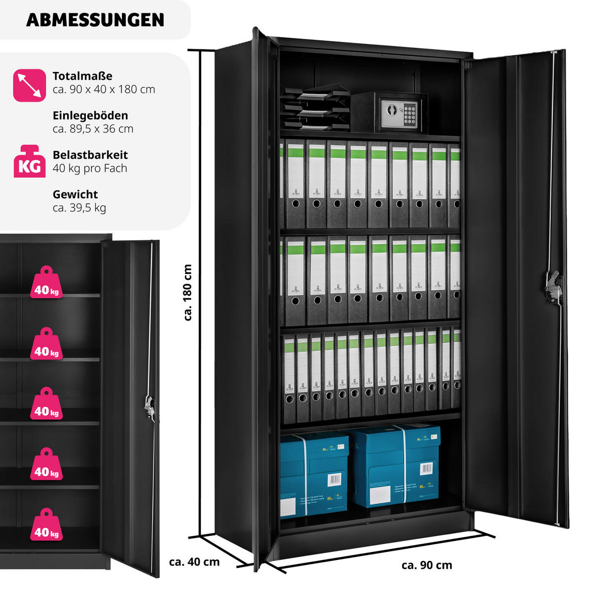 AKTENSCHRANK ,180 x 90 x 40 cm,schwarz - Schwarz, Metall (40/180/90cm) - tectake