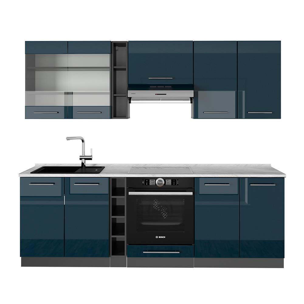 KÜCHENZEILE Fame-Line Dunkelblau Hochglanz/Anthrazit 235 cm, AP Marmor - Anthrazit/Dunkelblau, Holzwerkstoff (235/81.6/60cm) - Vicco