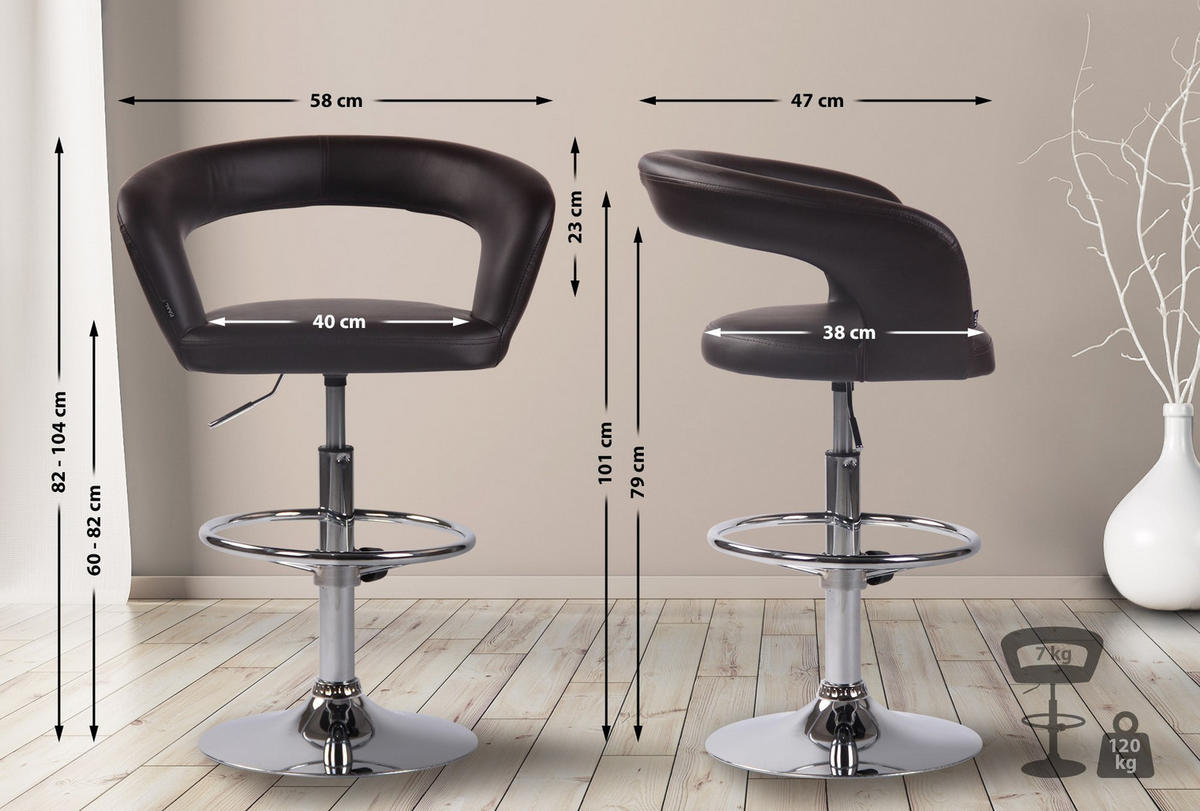 BARHOCKER 2er Set Lederlook braun - Chromfarben/Braun, Textil/Metall (58/82/47cm) - CLP