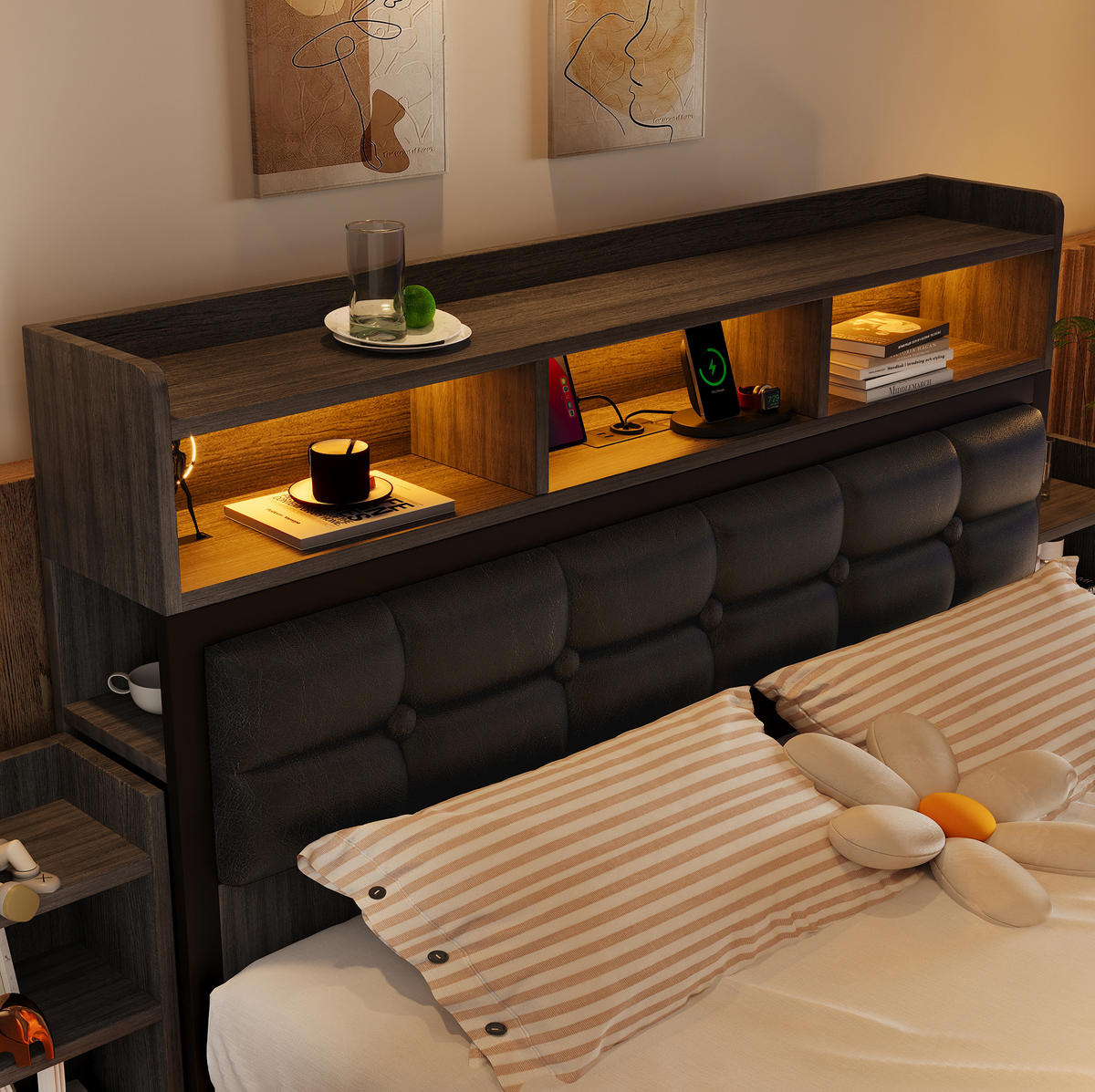 DOPPELBETT 140/190 cm Grau mit LED-Beleuchtung und USB-Ladefunktion aus Metall - Grau, Metall (140/190cm) - OKWISH