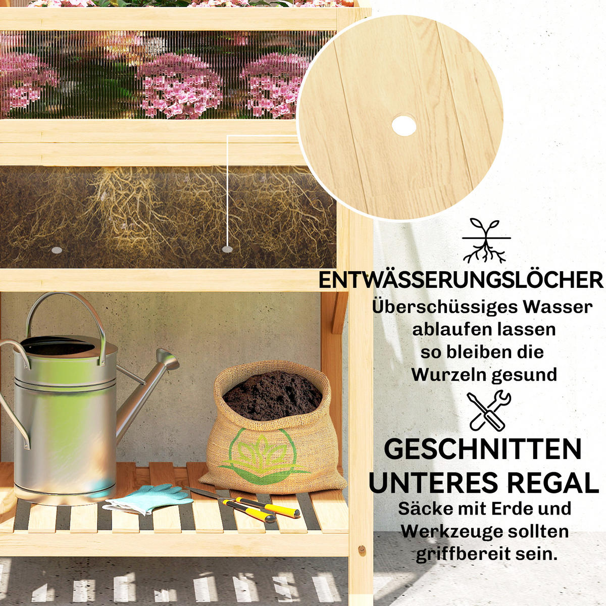 HOCHBEET mit Frühbeetaufsatz aus Holz Pflanzkasten mit Gewächshaus Seitentisch - Naturfarben, Holz (50/120/104cm) - Outsunny