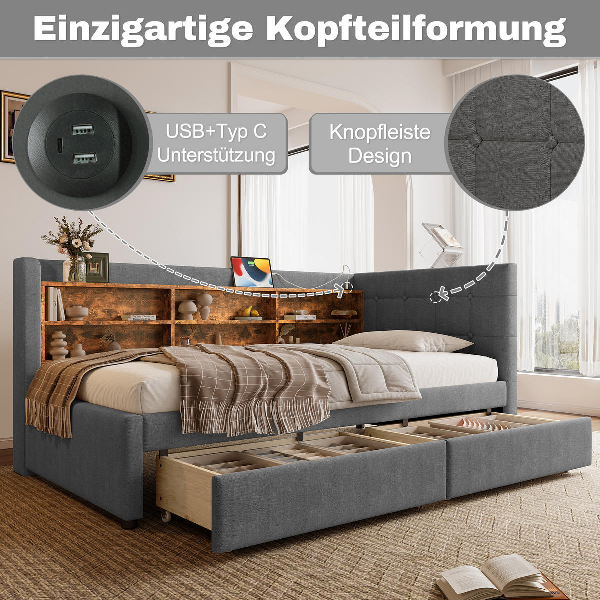 TAGEBETT 90x200cm Grau Leinen 2 Schubladen USB-C Ablagefächer - Grau, Holz (90/200cm) - FLIEKS