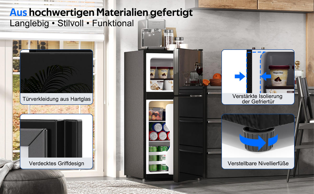 KÜHL-GEFRIER-KOMBINATION 60 l, 22 l Gefriervolumen, 42,5 x 44,5 x 87,5 cm, Energieeffizienzklasse E, Schwarz - Schwarz, Metall (44.5/65/42.5cm) - FOHERE