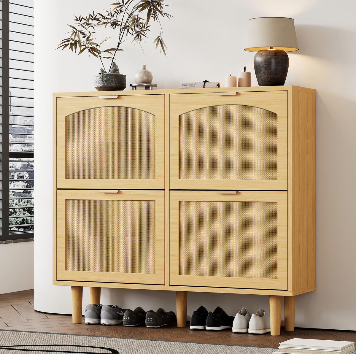 SCHUHSCHRANK 100/25/90 cm in Eichefarben mit 4 Klappen und Rattanfront - Naturfarben, Holzwerkstoff (100/90/25cm) - Flora Grace