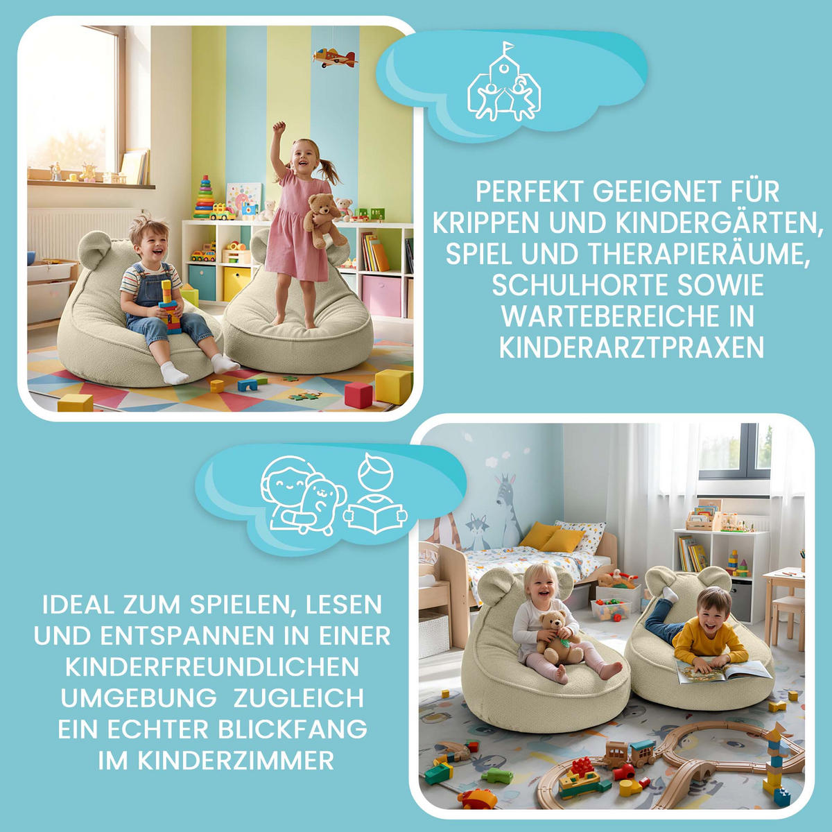 SITZSACK FÜR KINDER Maus 75/75/55 cm, weicher Bouclé 315 g/m², abnehmbarer Bezug, Toasted Almond - Beige, Textil (75/55/75cm) - Dreamroots