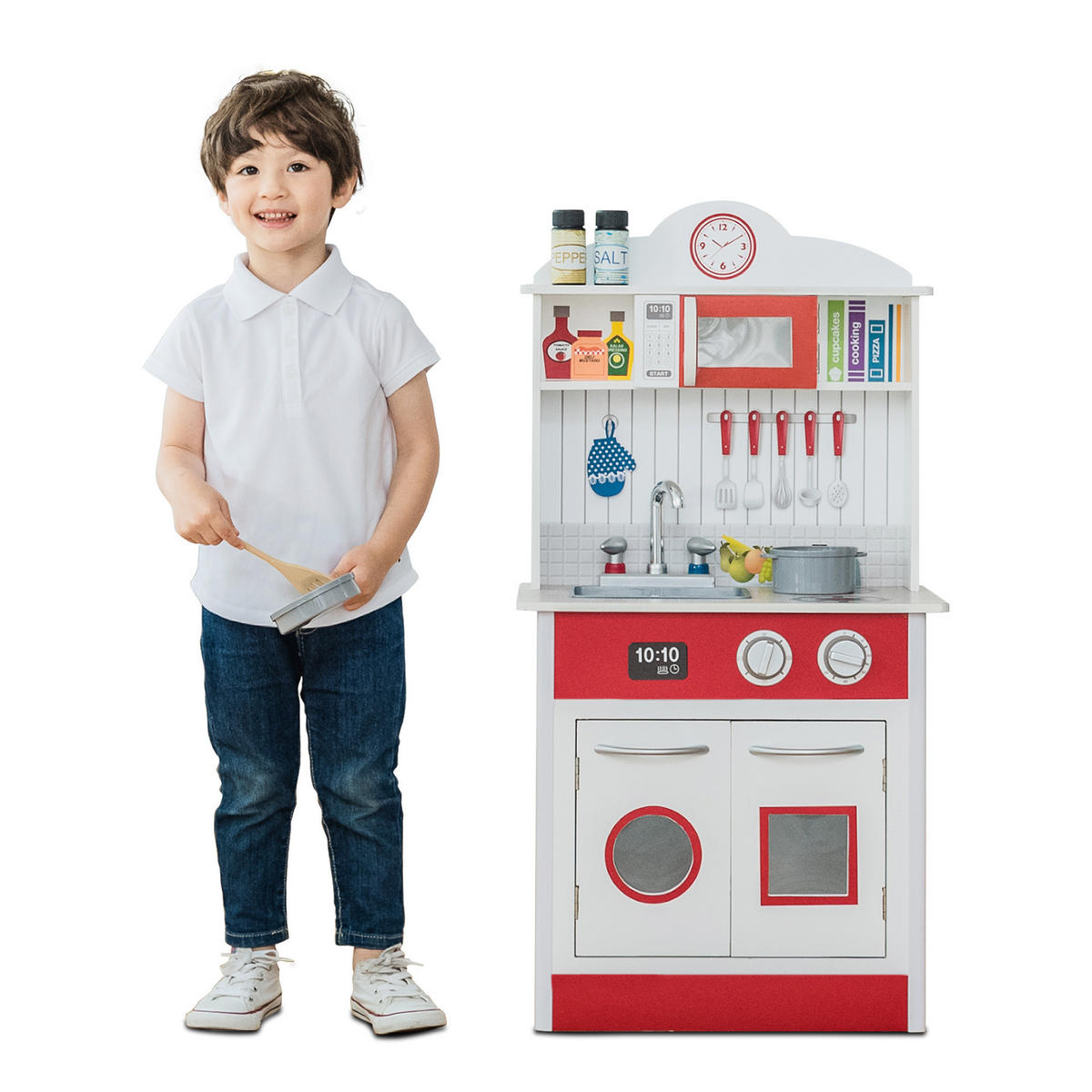 KINDERKÜCHE Spielküche, Rot/Weiß, 93cm - Rot, Holzwerkstoff (48/32/93cm) - Teamson Kids