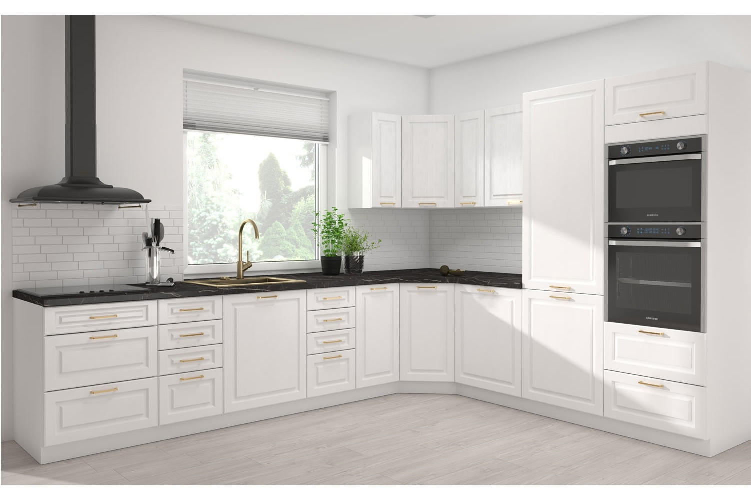 WINKELKÜCHE Elbing weiß matt 350 / 270 / 207cm mit Teilauszug (Blum Metabox) - Weiß, Holzwerkstoff/Metall (350/207/270cm) - Feldmann-Wohnen