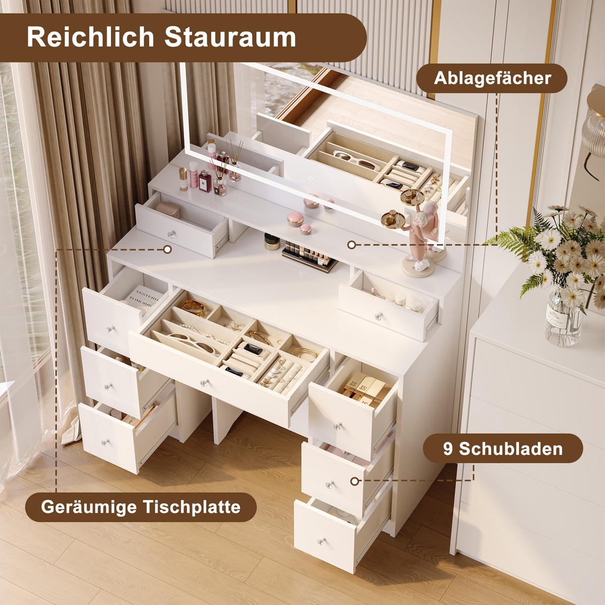 SCHMINKTISCH mit Spiegel LED 9 Schubladen Steckdose Weiß - Weiß, Holz (110/150/40cm)