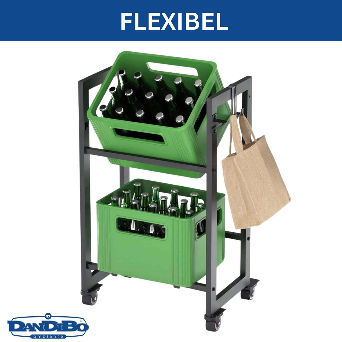 GETRÄNKEKISTENREGAL 2 Kisten mit Gitter Haken Rollen Schmal Metall Schwarz - Schwarz, Metall (50/82/32cm) - DanDiBo