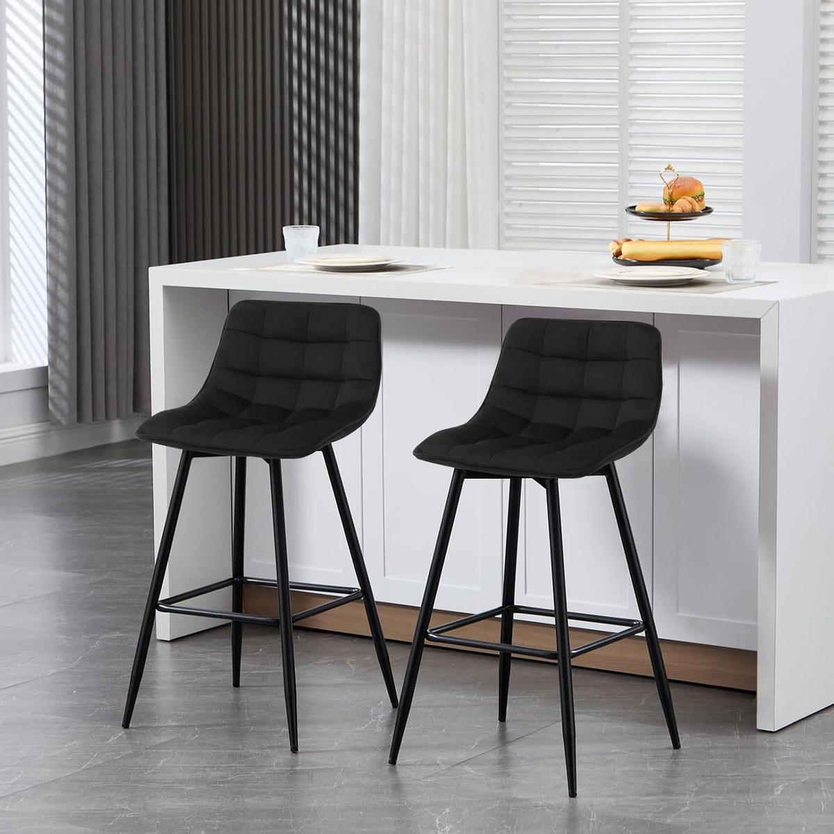 BARHOCKER 4er Set, Fußstütze, Samt, Schwarz - Schwarz, Textil/Metall (43/88/35.5cm) - Woltu