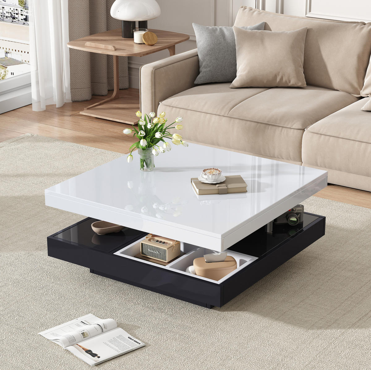 COUCHTISCH drehbar 70x70 cm Hochglanz Weiß Schwarz - Schwarz, Holzwerkstoff (70/70/36cm) - Meubliv