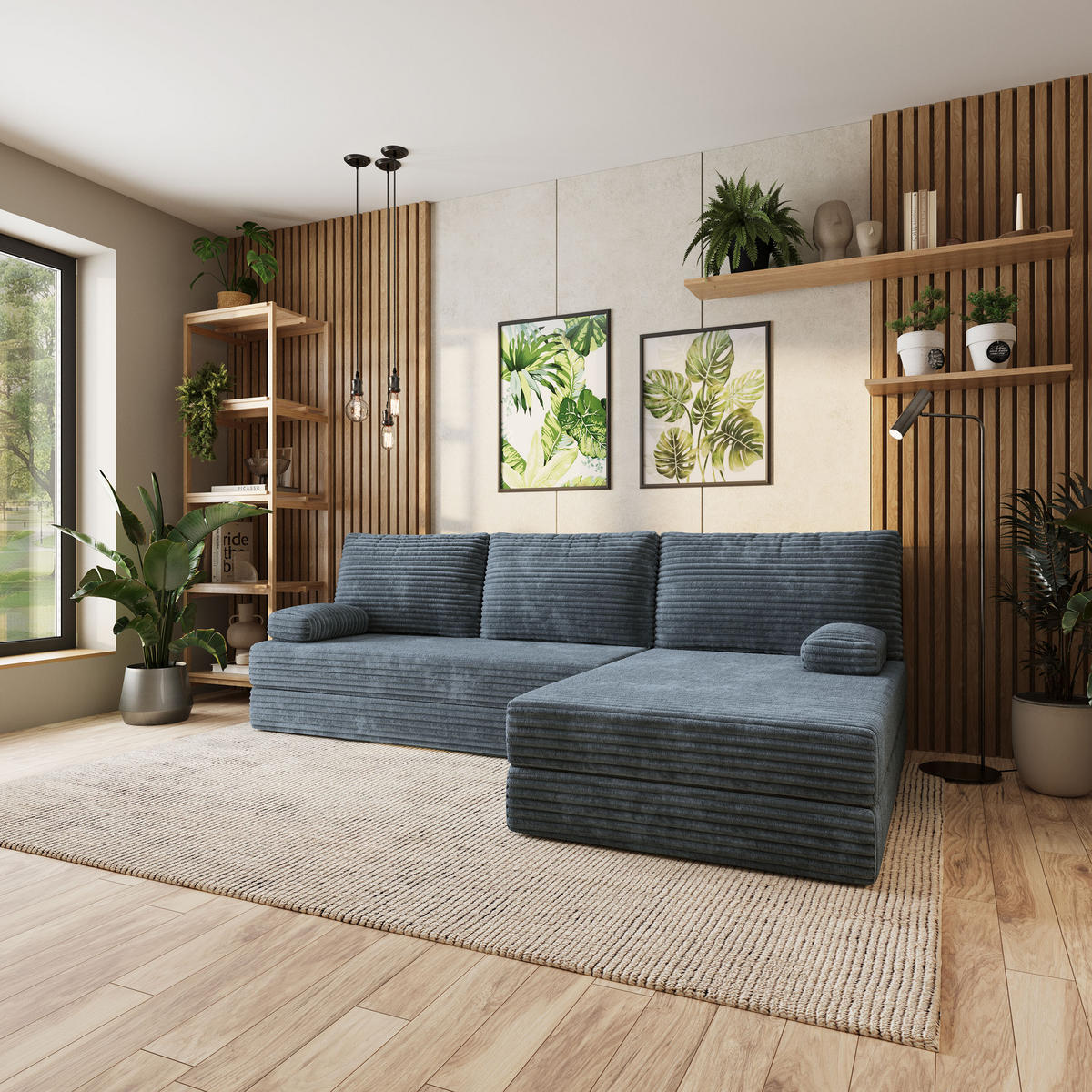 ECKSOFA ANKO modulares Boneless Sofa mit Schlaffunktion Grau Kordstoff - Blaugrau, Textil (270/160cm) - MASSENO