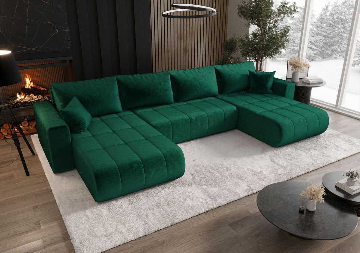 WOHNLANDSCHAFT LARA U-Form grün Velours Monolith 37 - Schlaffunktion, Bettkasten - Grün, Textil (385/85/175cm) - Cornero