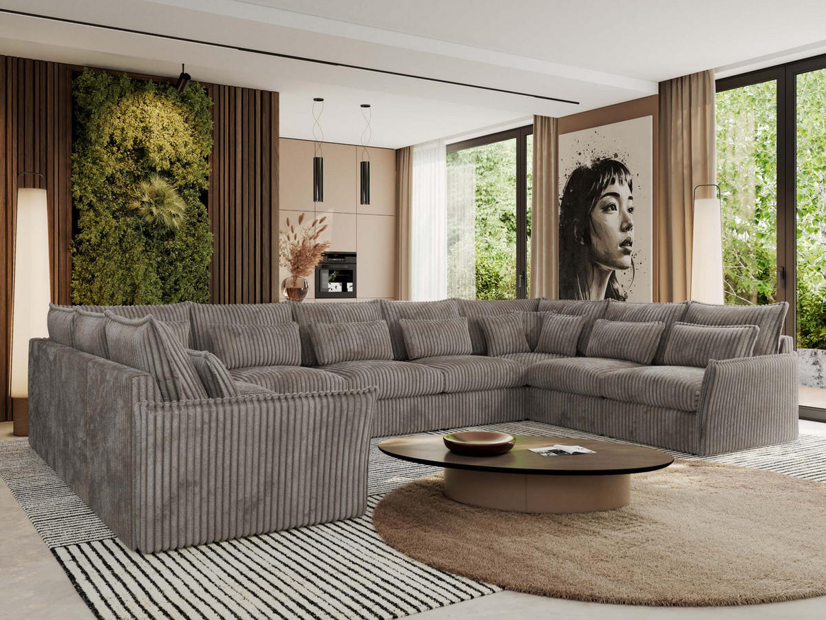 WOHNLANDSCHAFT VERSO U 9M Hellbraun Cord - Hellbraun/Schwarz, Kunststoff/Textil (442/93/270cm) - MKS