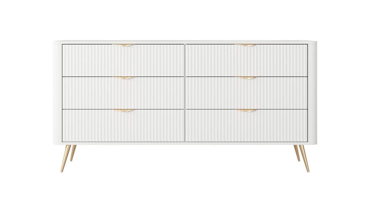 SIDEBOARD Flore 163 cm Weiß / Gold - mit 6 Schubladen und Riffel-Optik - Gelb/Goldfarben, Holz/Holzwerkstoff (163/81/38cm) - Ravio