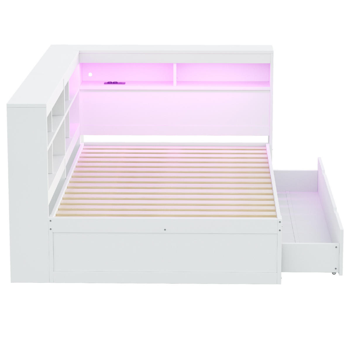 BETT 140/200 cm mit Kopfteil aus Massivholz – mit Stauraum und USB - Weiß, Holz (140/200cm) - BEAOK