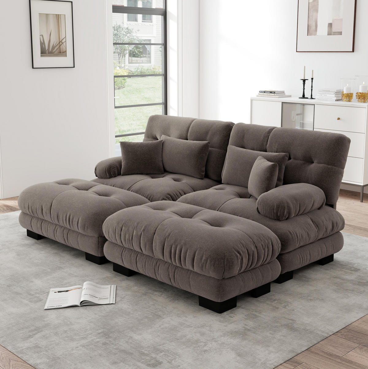 SOFA modular mit 2 Ottomans Chenille Brown - Dunkelgrau, Kunststoff (145/81/220.1cm) - Meubliv