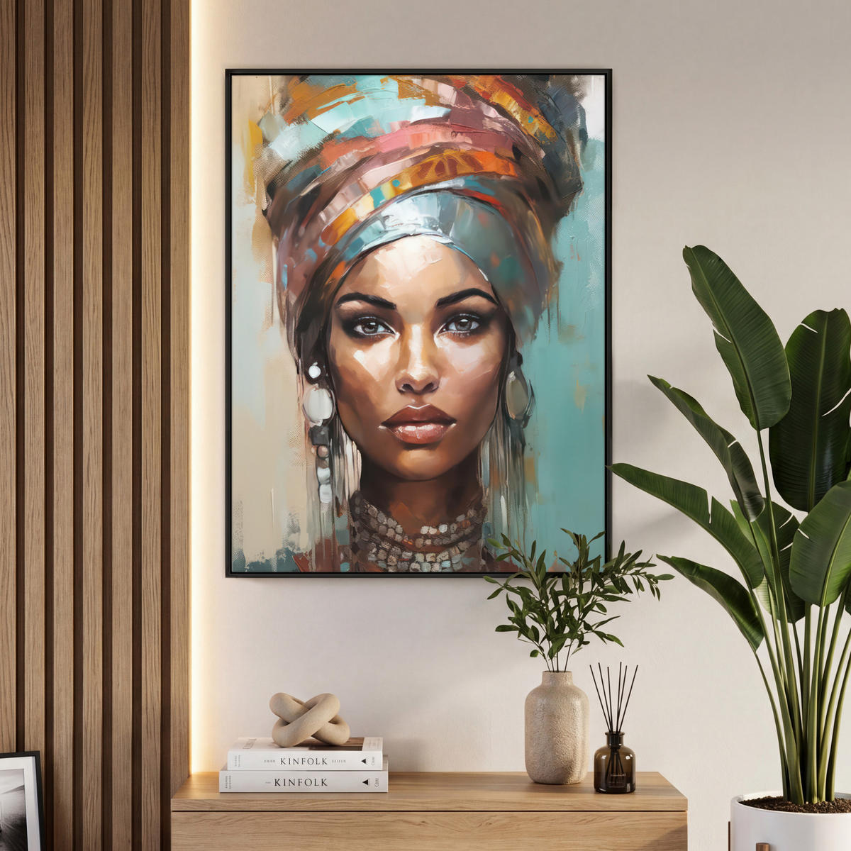 LEINWAND Bilder mit Rahmen - Frau - Kunst - Schmuck - Porträt - 70x100 - Blaugrau, Textil (70/100cm) - MuchoWow