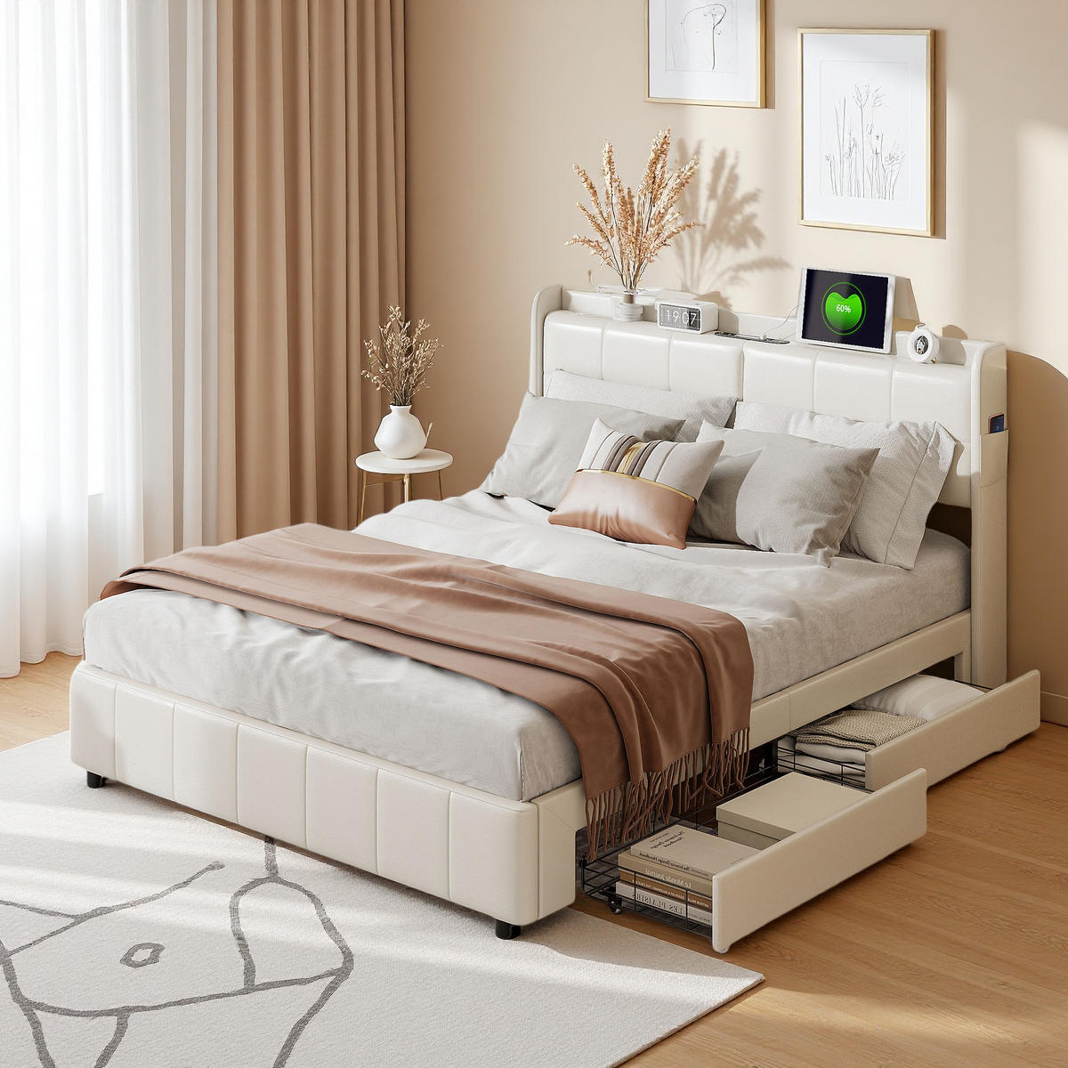 POLSTERBETT 140x200 cm Lattenrost USB Schublade PU Leder weiß - Weiß, Holz (140/200cm) - LEBENLANG