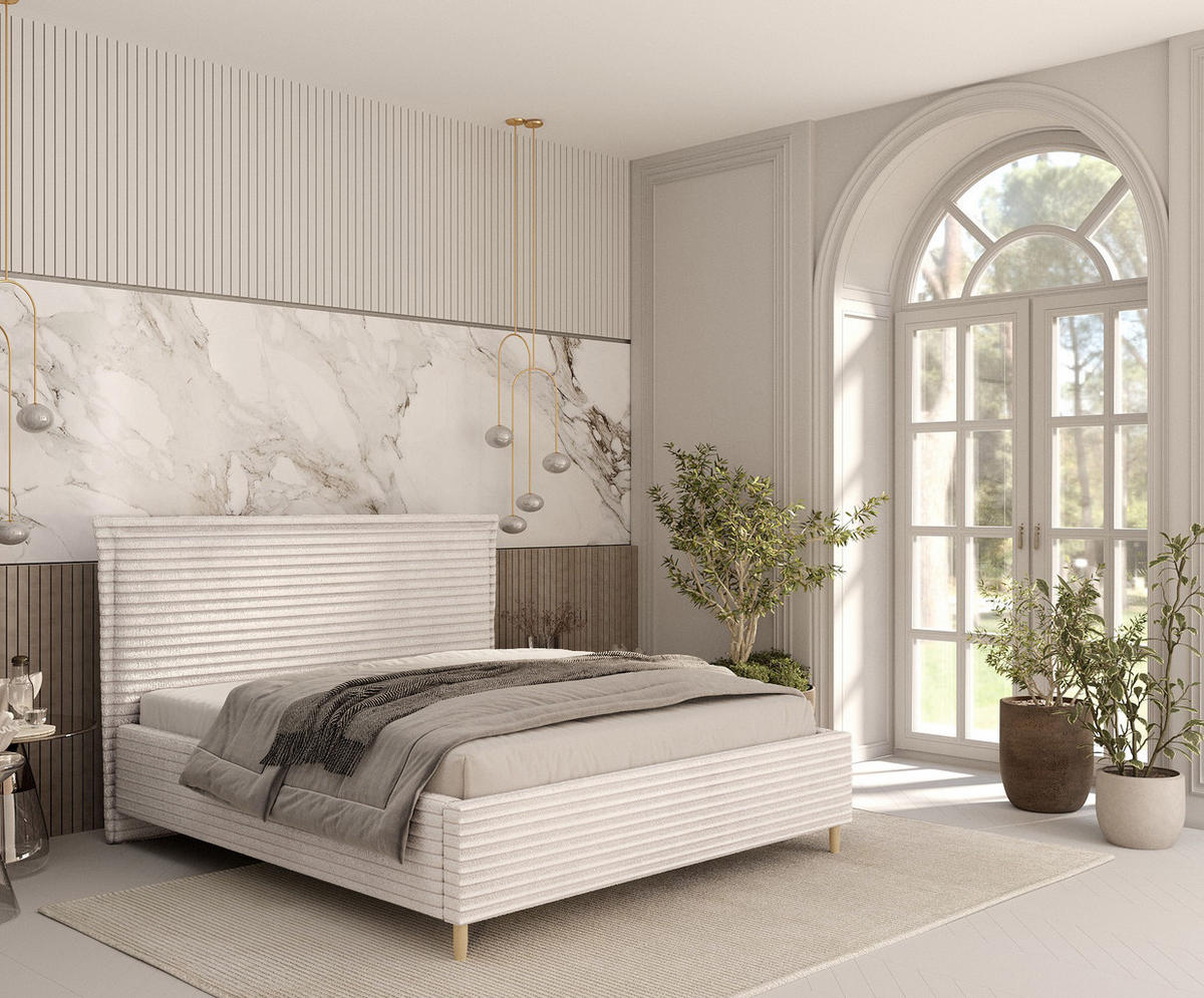 POLSTERBETT Cape Cod Creme 140/200 cm im Samtstoff - Creme/Naturfarben, Holz/Holzwerkstoff (140/200cm) - Maison de Reve