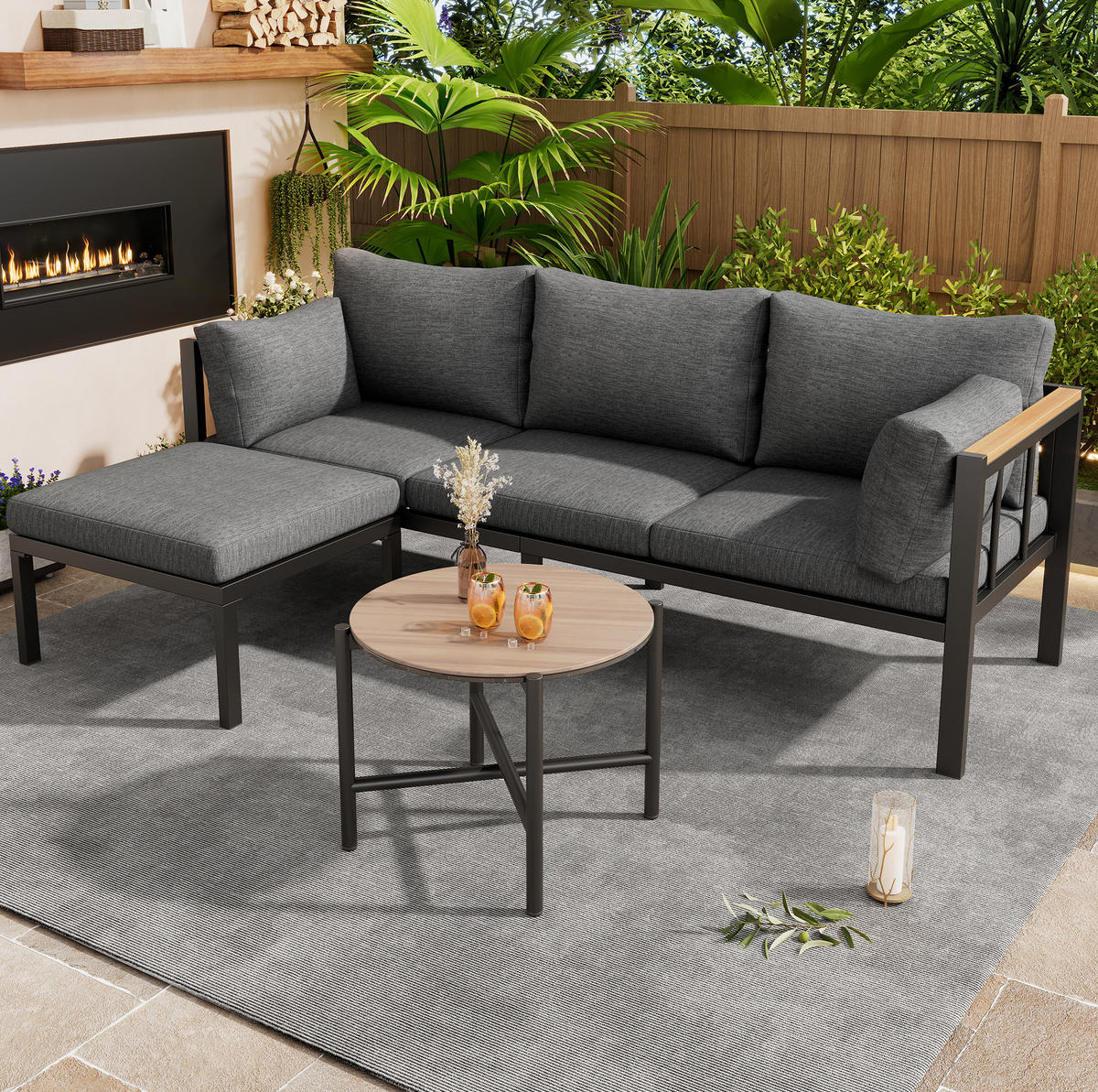 GARTENSET 182x63x62cm grau aus Stahl und Glas, wasserdicht - Grau, Textil - Modfu