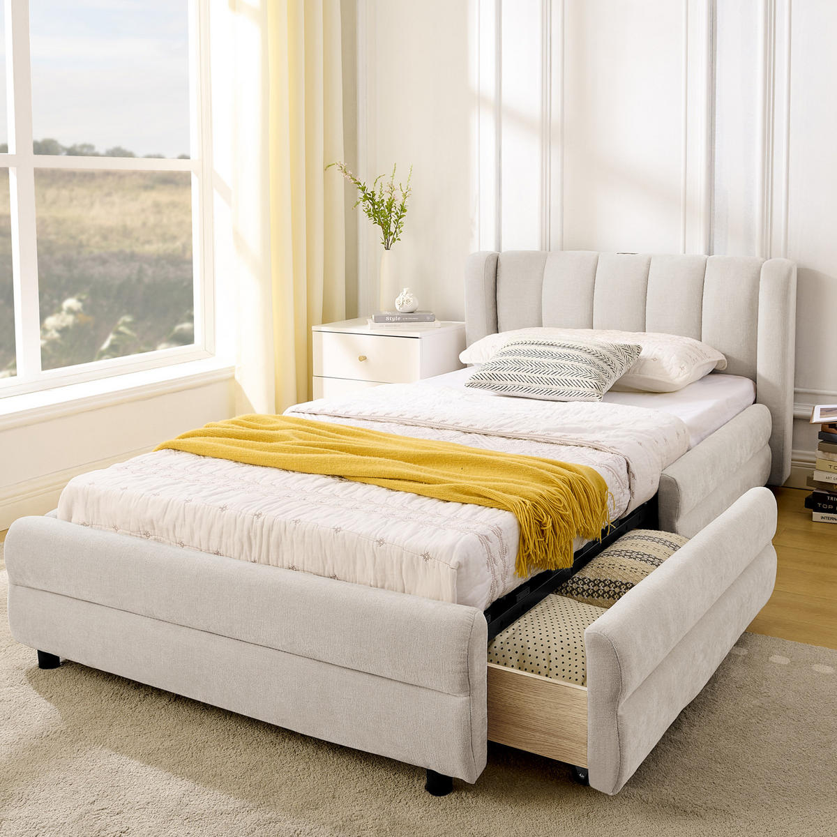 POLSTERBETT 90/200 cm in Beige mit Schubladen und USB- sowie Type-C-Anschlüssen - Beige, Textil (90/200cm) - Flora Grace