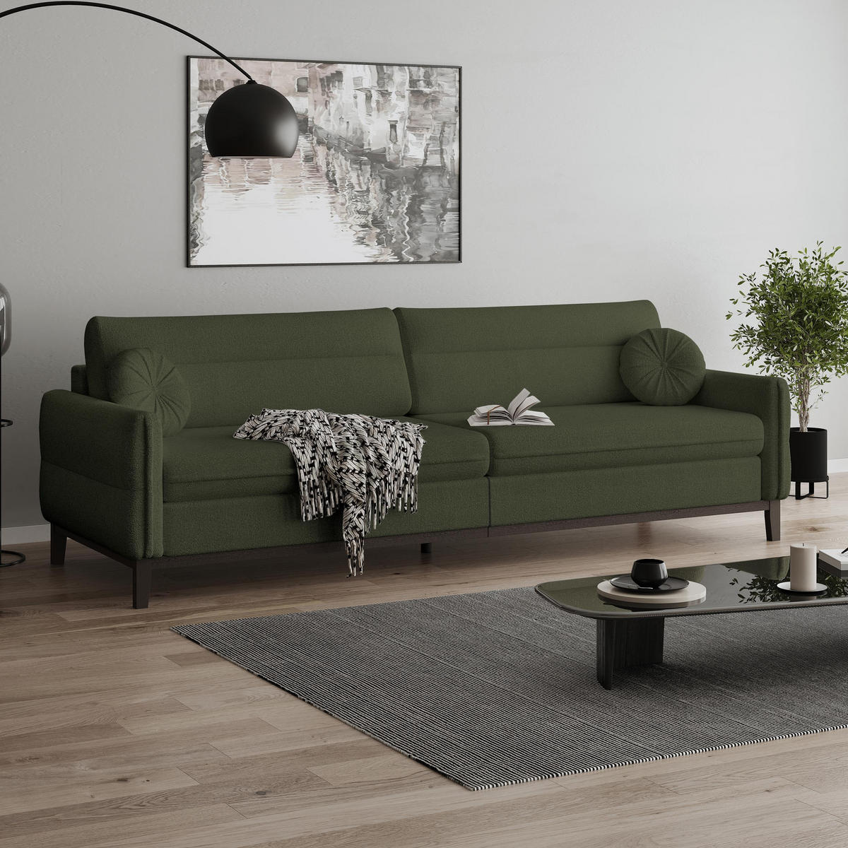 SITZGARNITUR Belweder, zwei Sofas+Sessel, Dunkelgrün, Bouclé - Wengefarben/Dunkelgrün, Holz/Textil (268/95/94cm) - Beautysofa