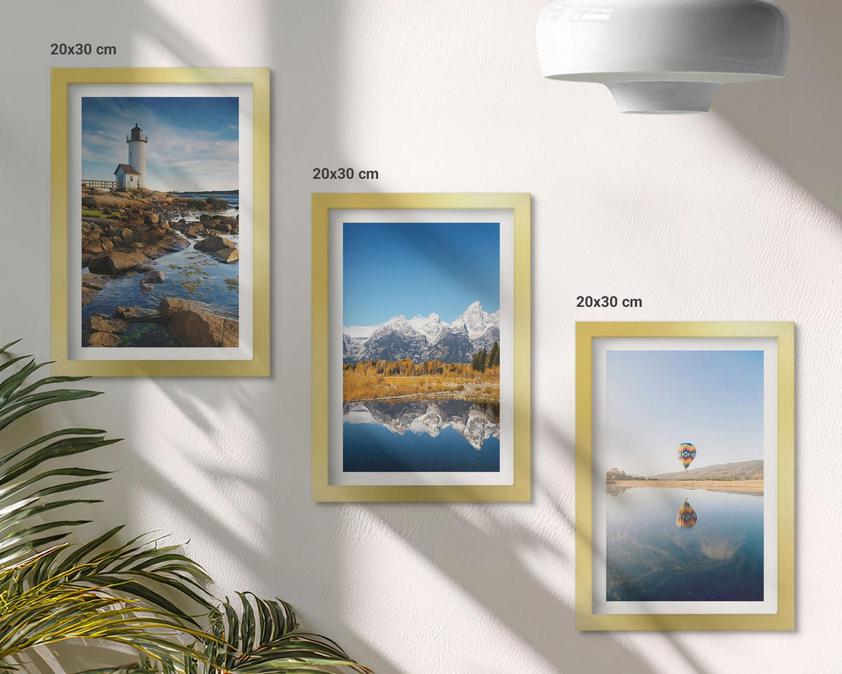 BILDER SET 3er Set - 20x30 cm Goldrahmen - Naturansichten, Leuchtturm, Berge, Ballonfahrt - Goldfarben, Kunststoff (20/30cm) - TULUP