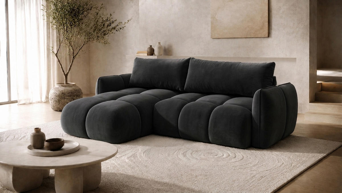 ECKSOFA L-Form Mit Schlaffunktion, Veloursstoff Bluvel, Schwarz, Links, BELVEDER L - Schwarz, Holz (250/168cm) - Kaiser Möbel