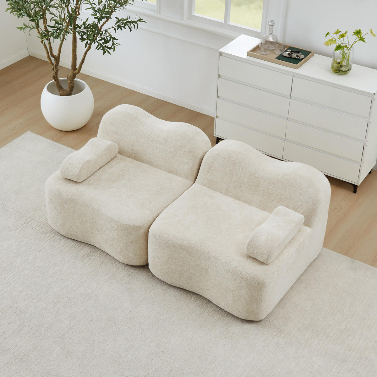 MODULARES 2-Sitzer-Sofa mit Wellenform, tiefer Sitzfläche und beweglichem Armlehnenkissen, Samt, Beige - Beige, Textil (192/70/98cm) - Redom