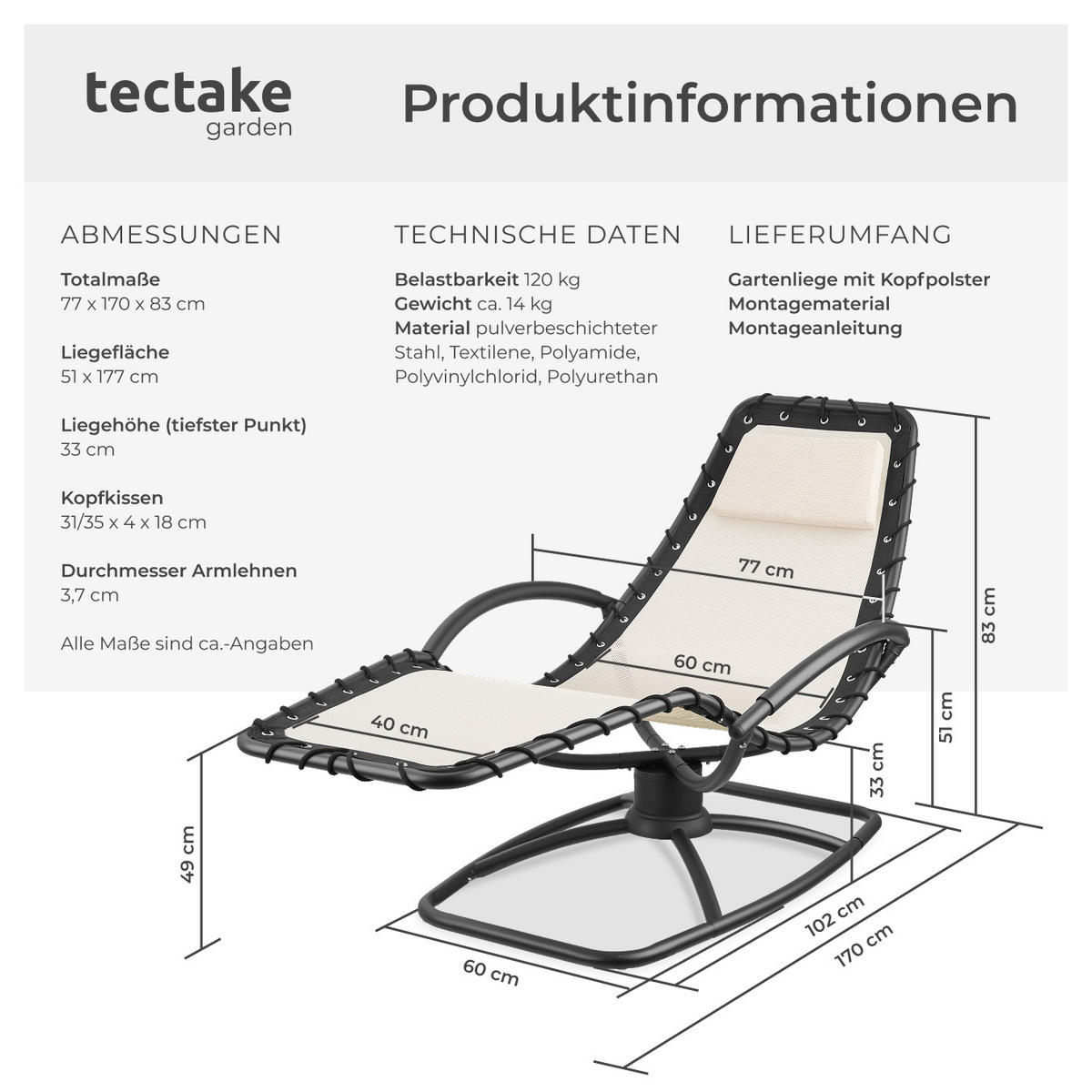 GARTENLIEGE Toulon,abnehmbares Kopfpolster,beige - Beige, Textil (77/83/170cm) - tectake