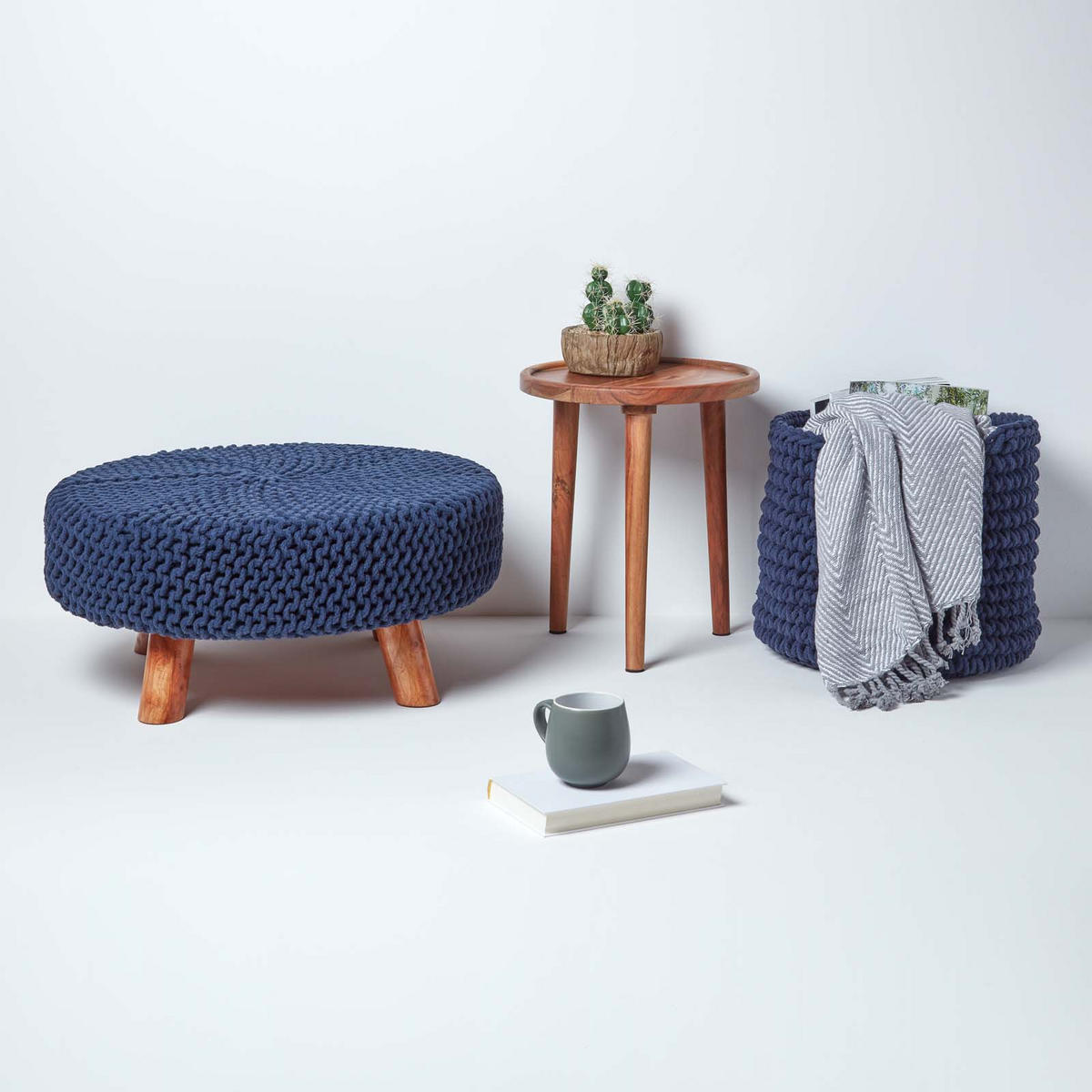 STRICK-HOCKER dunkelblau, rund 62/62/30 cm - Dunkelblau, Textil (62/30/62cm) - Homescapes