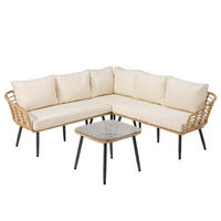LOUNGESET - Polyrattan / Polyester - Braun / Creme - 4-teilig - Beige/Braun, Naturmaterialien/Glas - home24