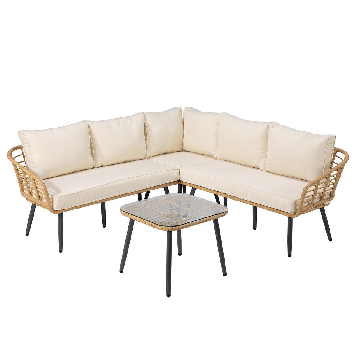 LOUNGESET - Polyrattan / Polyester - Braun / Creme - 4-teilig - Beige/Braun, Naturmaterialien/Glas - home24